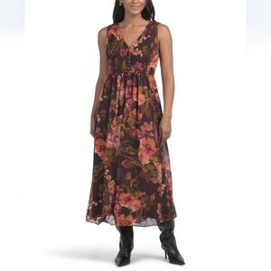 Taylor Women's Printed V Neck Smoked Waist Sleeveless Maxi Dress